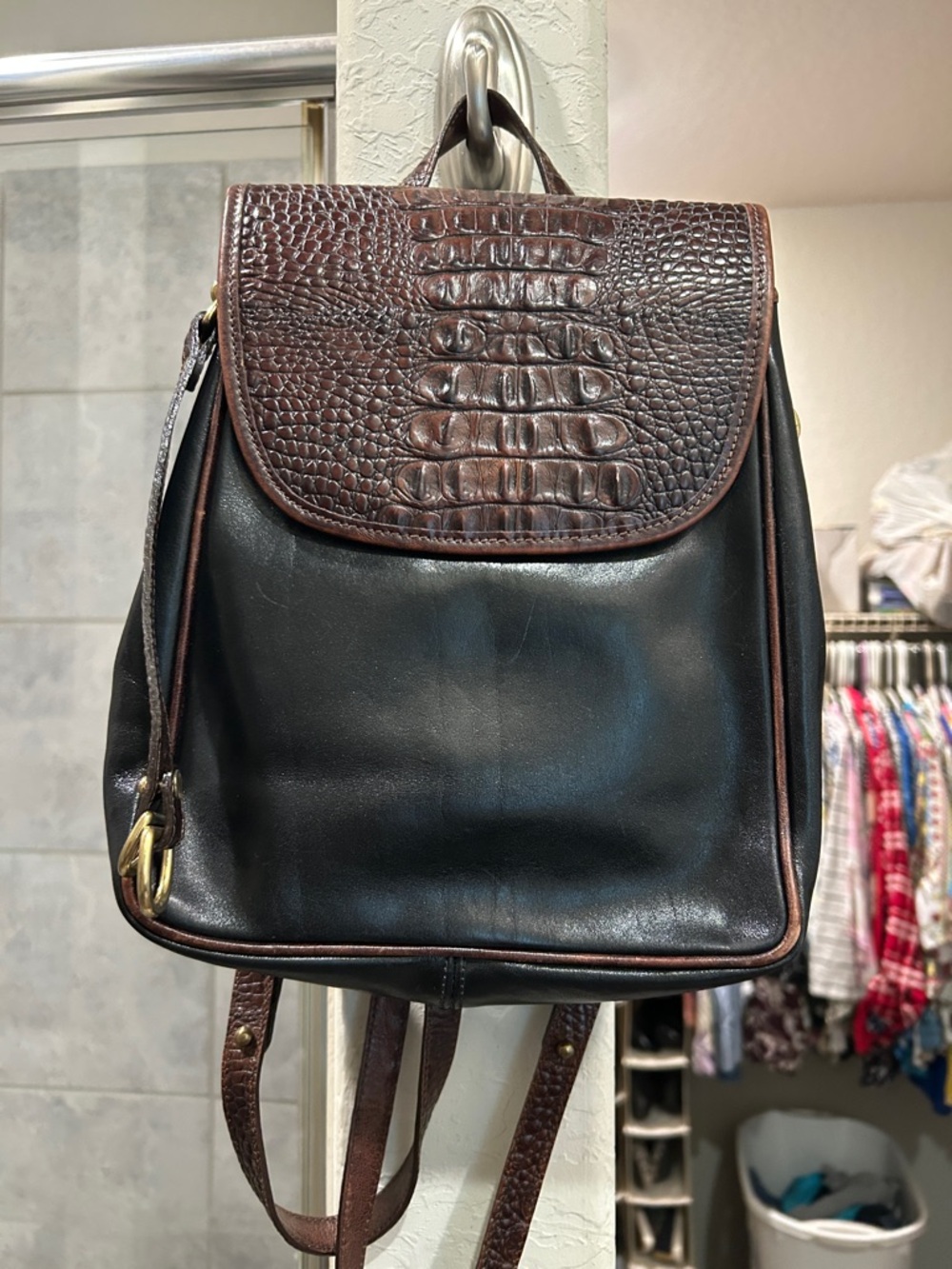 Brahmin Black Leather Backpack with Brown Croc-Embossed Flap